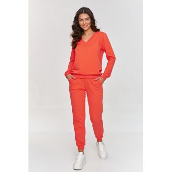 Set de bluzon cu decolteu in V si pantaloni lungi - Corai