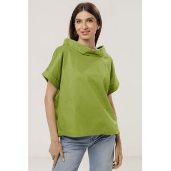 Bluza din poplin de bumbac cu guler intors si maneci cazute, verde oliv