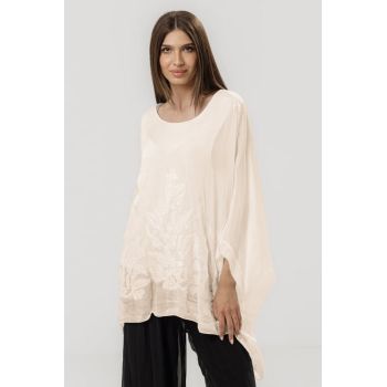 Bluza eleganta din matase naturala cu broderie si paiete fine, bej deschis