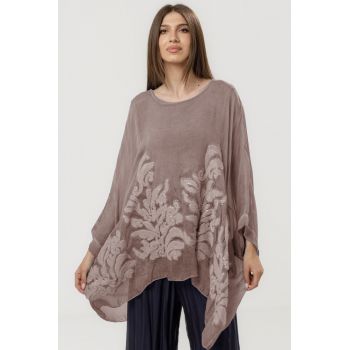 Bluza eleganta din matase naturala cu broderie si paiete fine, bej inchis