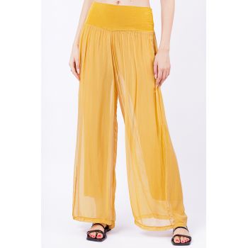 Pantaloni galbeni, drepti, cu dublura, din matase naturala