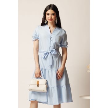 Rochie bleu din viscoza in clos cu cordon in talie