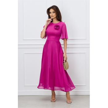 Rochie DY Fashion lunga fucsia din voal in clos cu accesoriu la bust ieftina