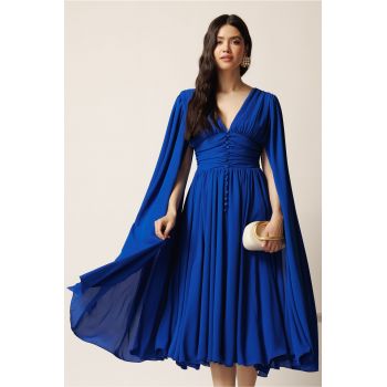 Rochie DY Fashion midi albastra din voal in clos cu nasturi si maneci ample ieftina