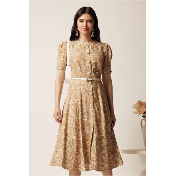 Rochie DY Fashion midi bej in clos cu imprimeuri albe si curea in talie