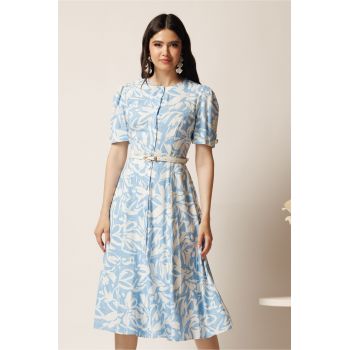 Rochie DY Fashion midi bleu in clos cu imprimeuri albe si curea in talie
