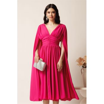 Rochie DY Fashion midi fucsia din voal in clos cu nasturi si maneci ample ieftina