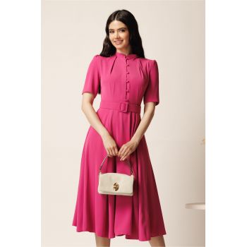 Rochie DY Fashion midi fucsia in clos din triplu voal cu nasturi la bust si curea in talie ieftina