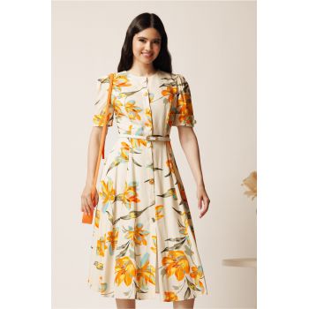 Rochie DY Fashion midi ivory in clos cu imprimeuri portocalii si curea in talie