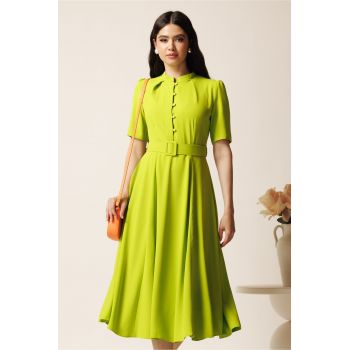 Rochie DY Fashion midi lime in clos din triplu voal cu nasturi la bust si curea in talie ieftina