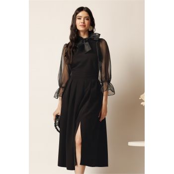 Rochie DY Fashion midi neagra din stofa in clos cu maneci si funda din organza