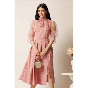 Rochie DY Fashion midi roz din stofa in clos cu maneci si funda din organza