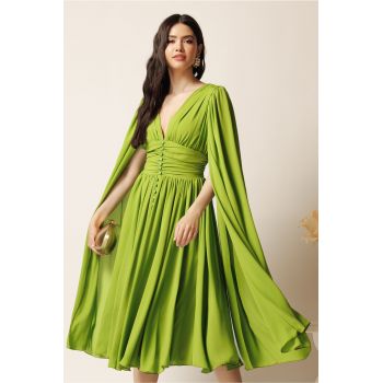 Rochie DY Fashion midi verde crud din voal in clos cu nasturi si maneci ample ieftina
