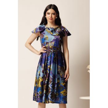 Rochie midi albastra din tafta in clos cu imprimeuri galbene si cordon in talie