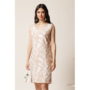 Rochie midi bej cu imprimeu alb din viscoza