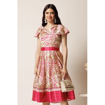 Rochie midi bej din tafta in clos cu imprimeuri fucsia si cordon in talie