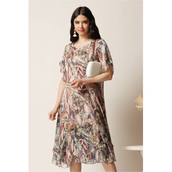 Rochie midi gri din voal in clin cu imprimeu floral roz si volane la baza ieftina