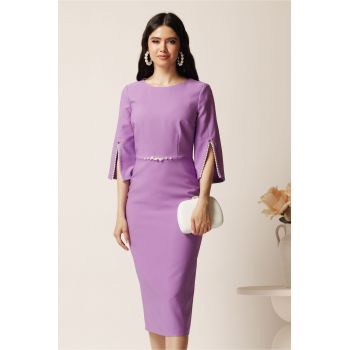 Rochie midi lila din stofa conica cu perle la maneci si in talie- LaDonna