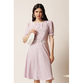 Rochie midi lila din viscoza in clos cu buline si curea in talie