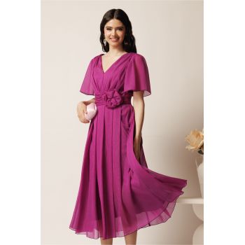 Rochie midi magenta din voal clos cu floare in talie- Moze ieftina