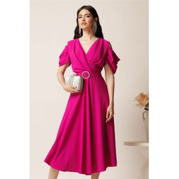 Rochie midi magenta din voal in clos cu decupaje la umeri si cordon in talie- LaDonna ieftina