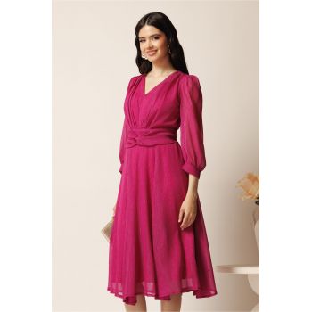 Rochie midi magenta in clos din voal cu fir lurex- Ella Collection Gina ieftina