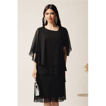 Rochie midi neagra din voal cu capa si croi drept ieftina