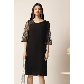 Rochie midi neagra din voal cu croi drept si glitter pe maneci- Viada ieftina