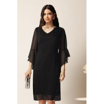 Rochie midi neagra din voal cu croi drept si strasuri pe maneci- Viada ieftina