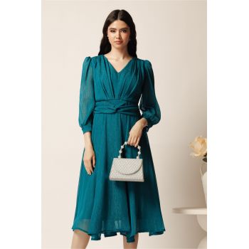 Rochie midi verde in clos din voal cu fir lurex- Ella Collection Gina ieftina