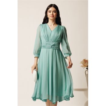 Rochie midi verde mint in clos din voal cu fir lurex- Ella Collection Gina ieftina Rochie midi verde mint in clos din voal cu fir lurex- Ella Collection Gina ieftina