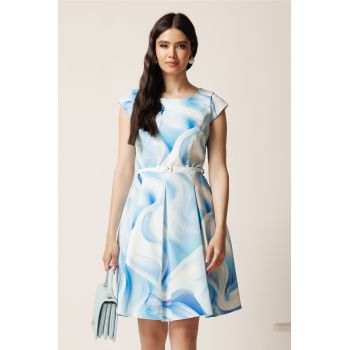 Rochie scurta bleu cu imprimeuri albastre in clos cu buzunare si curea in talie
