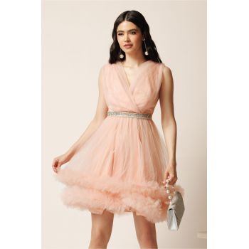 Rochie scurta roz din tulle in clos cu volanase la baza- Ella Collection Kelly