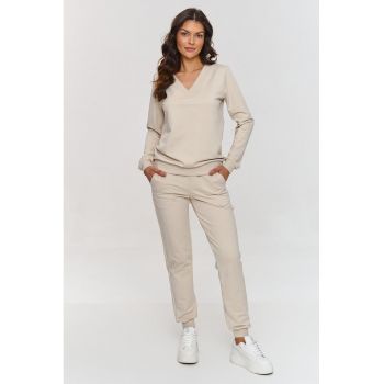 Set de bluzon cu decolteu in V si pantaloni lungi - Bej deschis