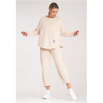 Set trening dama  hanorac asimetric - pantaloni conici - bej - bumbac/poliester -