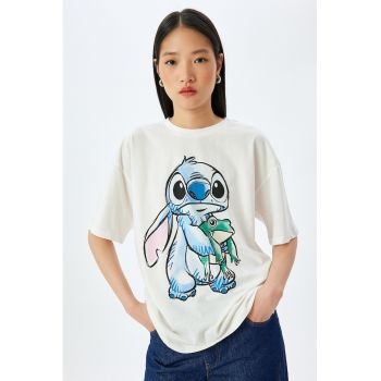 Tricou cu decolteu la baza gatului si model cu desene animate