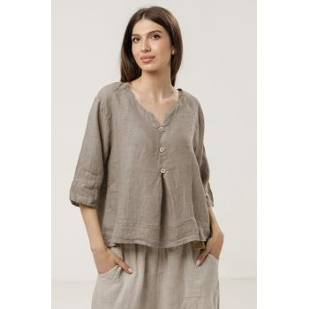 Bluza din in lejera cu nasturi decorativi, bej inchis