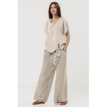 Bluza din in oversize cu funda la spate si volan din matase, bej