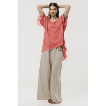 Bluza din in oversize cu funda la spate si volan din matase, roz inchis
