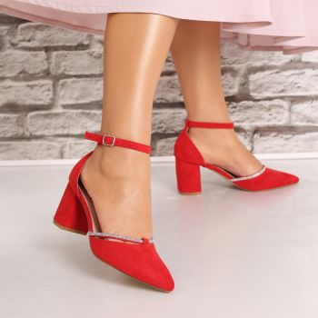 Pantofi dama cu toc Rosii din Piele Ecologica Intoarsa Glorinda