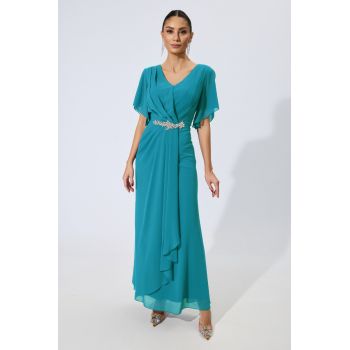 Rochie de ocazie din voal cu strass-uri in talie Marvela Turcoaz