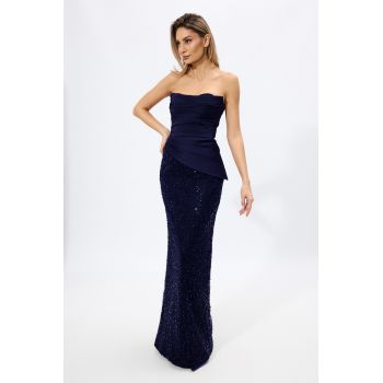 Rochie de ocazie premium fara bretele accesorizata cu paiete Khristal Bleumarin