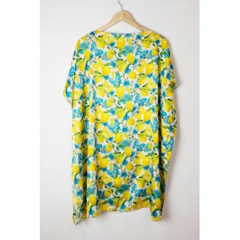 Rochie de plaja tip poncho din matase cu imprimeu mediteranean cu lamai si fluturi