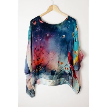 Bluza bleumarin din matase naturala cu maneca scurta si imprimeu floral-abstract