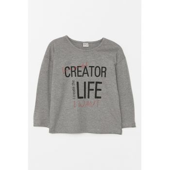 Bluza cu imprimeu text si maneci cazute