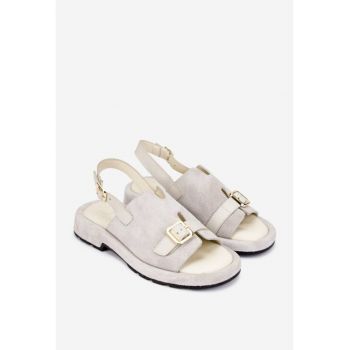 Sandale dama  gri din piele intoarsa cu insertie piele box bej