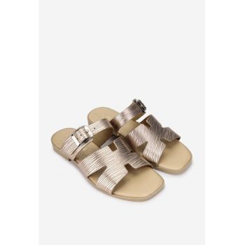 Sandale stil papuc dama din piele auriu roze cu model
