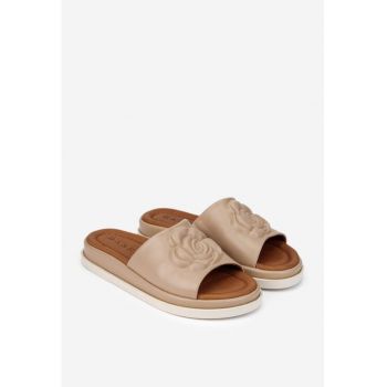 Sandale stil papuci dama din piele bej cu model floare