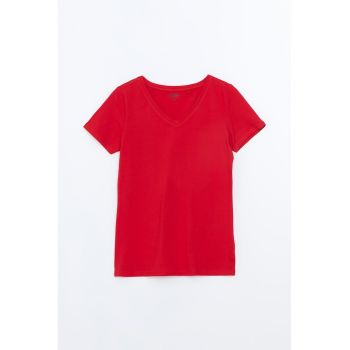 Tricou din amestec de bumbac cu decolteu in V