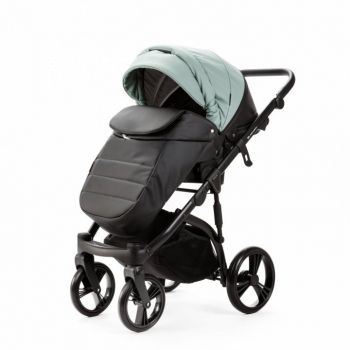 Carucior pentru copii 2 in 1, Adamex Lanti SD103, pliabil, landou cu salteluta, copertina reglabila, roti frontale pivotante 360, cu dubla suspensie si husa de ploaie inclusa, Full EcoLeather, Black Jade